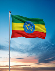 Ethiopia flag waving on sundown sky