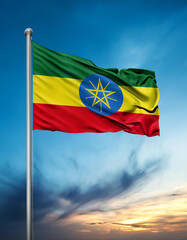 Ethiopia flag waving on sundown sky