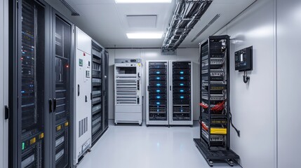 telecom equipment room filled with rows of servers, network switches, and cooling systems, with cables organized neatly and LED lights indicating active equipment