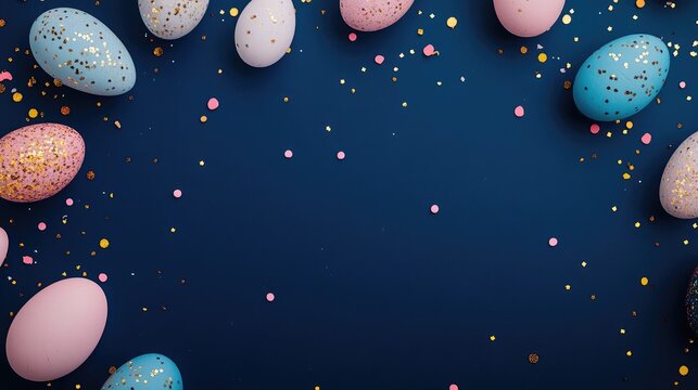 Colorful Easter Eggs and Confetti on a Dark Blue Background
