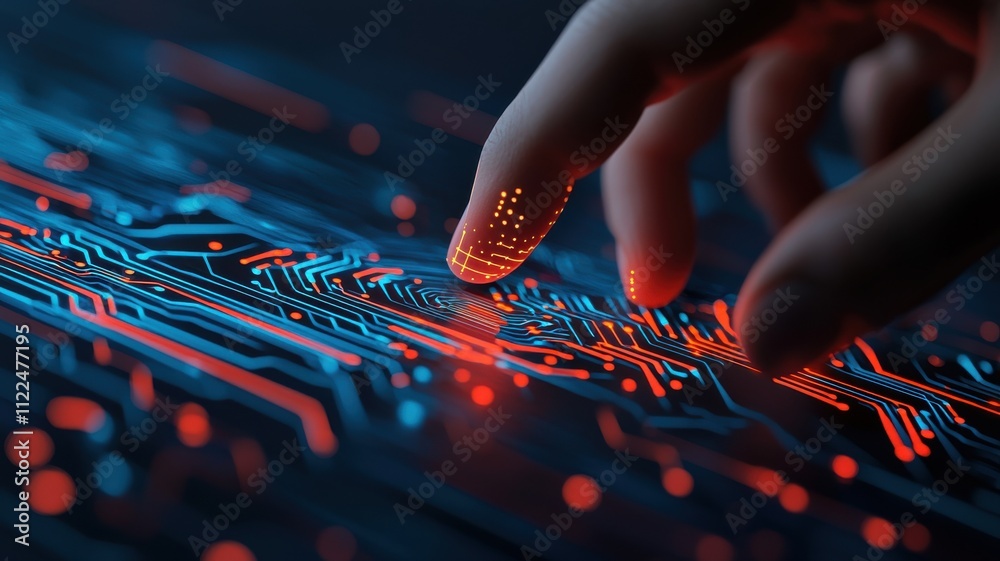 Poster exploring digital innovationhand interaction with circuit patterns in a futuristic tech environment