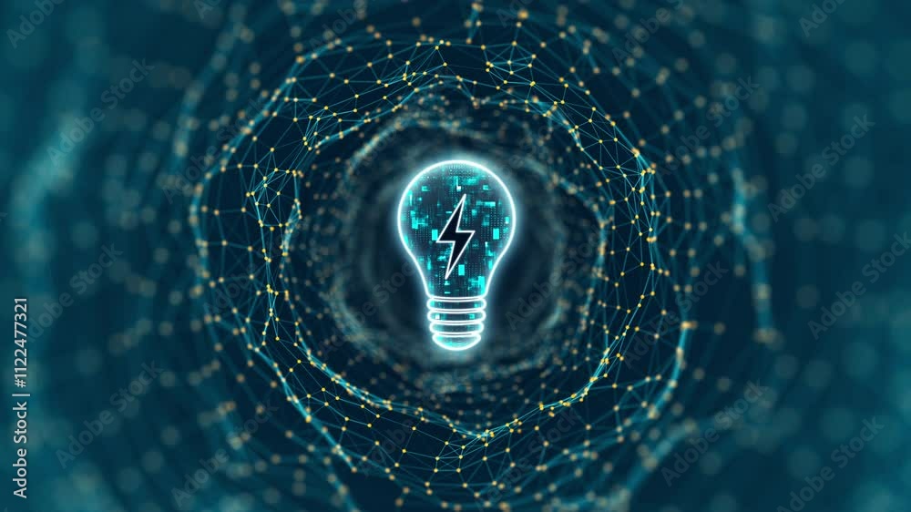 Wall mural motion graphic of blue digital light lamp logo and tunnel line connection with lightbulb and ideas c