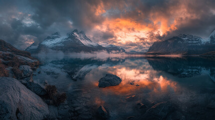 Fototapeta premium Stunning sunset over a serene lake surrounded by mountains and dramatic clouds