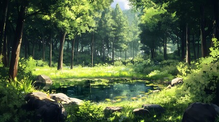 Sunlit Pond Surrounded by Lush Green Forest