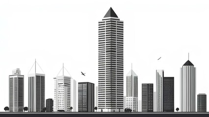 Fototapeta premium Black-and-white cityscape illustration with modern skyscrapers and minimalist detailing