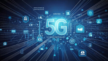 Obraz premium A futuristic digital representation of 5G technology, featuring interconnected icons and data streams, illustrating enhanced connectivity and speed.