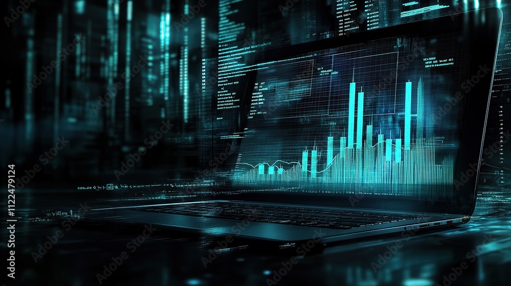 Poster business laptop displaying rising chart and graph data analysis