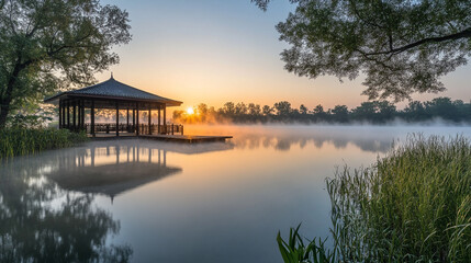 Obraz premium Sunrise over tranquil lake with gazebo and mist in serene natural setting