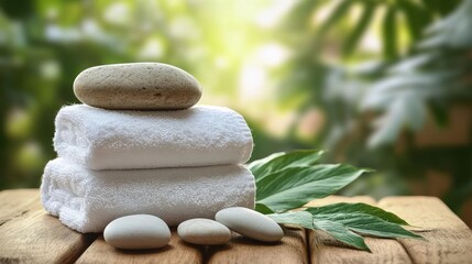 Fototapeta premium Towels and pebbles on the wooden board