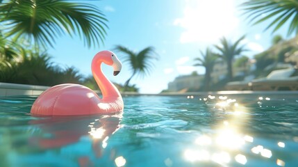 Pink Flamingo Pool Float in Sunny Paradise Setting Surrounded by Lush Green Palm Trees and Bright Blue Water on a Relaxing Summer Day