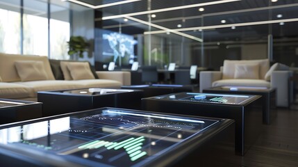 A high-tech office lounge area with digital screens embedded in the coffee tables, showing live data feeds of global market trends and economic forecasts.
