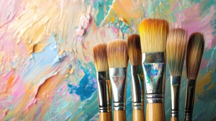 Fototapeta premium Oil painting brushes and applied oil paintings