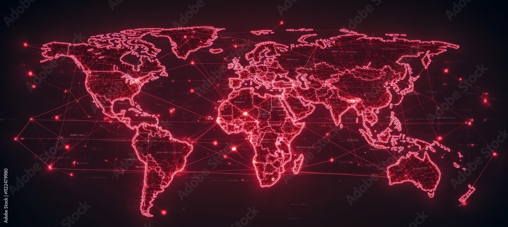 Poster World map warning danger with red light glow. Global earth atlas. Generative AI technology.