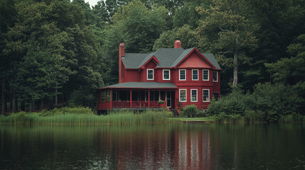 Obraz premium Red house by the calm lake surrounded by trees on a cloudy day in nature