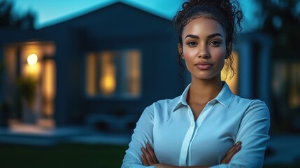 Confident Woman Standing in Front of Her House at Night