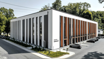 Obraz premium Modern building with a sleek design, featuring large windows and a landscaped exterior.