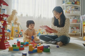 Pediatrician conducting a child development assessment in a playroom.
