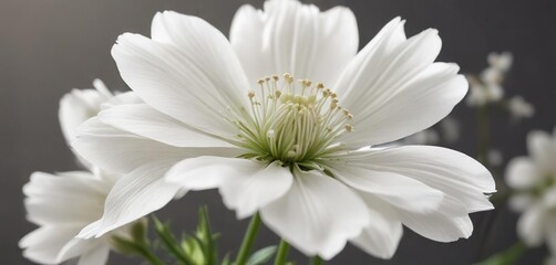 Fototapeta premium Delicate white flower closeup with soft petals and subtle stem details, white flowers, floral arrangement