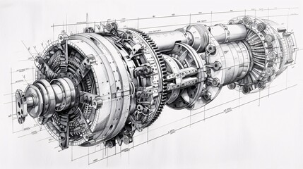 Detailed Cutaway Schematic Showing the Complex Inner Workings and Engineering of a High Performance Aircraft Turbine Engine Mechanism