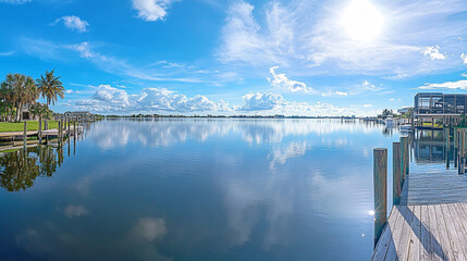 Bright midday sky reflecting on calm water near wooden pier in serene coastal location