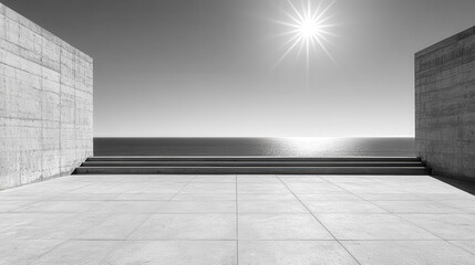 Obraz premium minimalist concrete space with stunning ocean view under bright sun. clean lines and open design create serene atmosphere, perfect for relaxation and contemplation