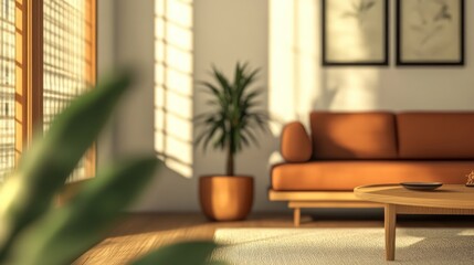 Fototapeta premium Serene Minimalist Living Room with Warm Sunlight