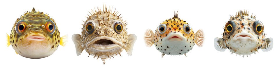 Set of a pufferfish, isolated on a transparent background.