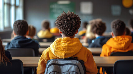 Students in Classroom with Focus on Boy Wearing Yellow Hoodie