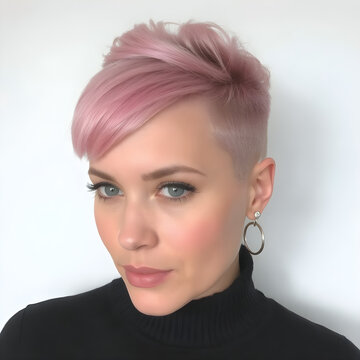 Mujer segura de s&iacute; misma con cabello rosa y mirada seductora, luciendo un estilo simple.