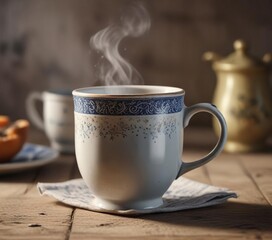 Fototapeta premium Steaming cup of Earl Grey tea on a vintage ceramic mug, vintage mug, cozy atmosphere