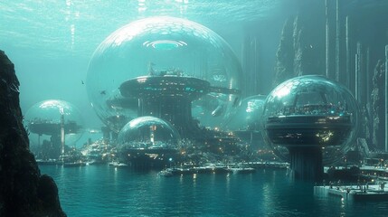 High-Tech Submerged City with Transparent Structures