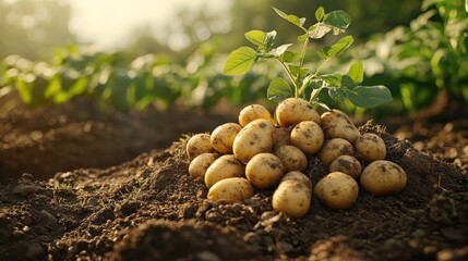 Freshly harvested potatoes with plant in a farm field