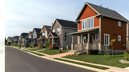 Obraz premium A row of modern houses on a quiet street, showcasing suburban architecture and landscaping.