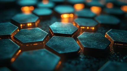 Fototapeta premium Futuristic hexagonal surface with glowing elements, creating captivating visual effect. intricate design and lighting evoke sense of advanced technology and innovation