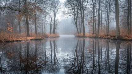 Misty forest landscape reflecting in calm water at dawn