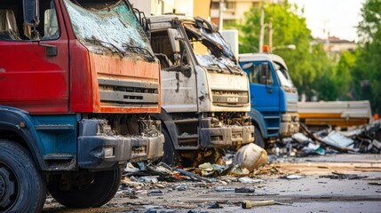 Fototapeta premium Empty damaged trucks scattered on a desolate street, symbolizing the aftermath of a crisis and the need for resilience and rebuilding.