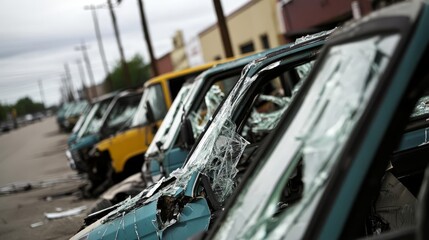 Fototapeta premium Empty damaged trucks scattered on a desolate street, symbolizing the aftermath of a crisis and the need for resilience and rebuilding.