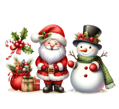 Transparent background watercolor illustration of Santa snowman and kids in Christmas eve