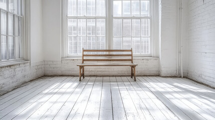 Fototapeta premium bright, empty room featuring wooden bench, large windows, and white walls. sunlight casts soft shadows on wooden floor, creating serene atmosphere