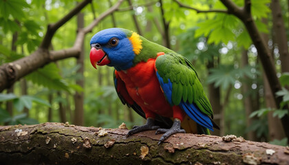 Rainbow lorikeet perched on a branch in lush green jungle