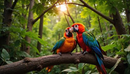 Obraz premium Pair of macaws perched on a branch in lush forest at sunrise