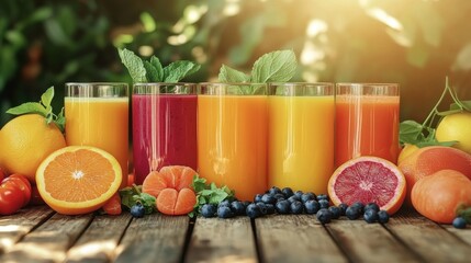 Fototapeta premium There are various fruits and drinks on the wooden table