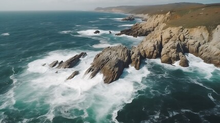 Obraz premium Aerial View of Rugged Coastline Waves Crashing on Rocks