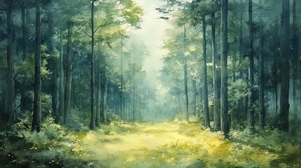 Fototapeta premium Watercolor painting of a forest. Suitable for nature themed designs, posters, and greeting cards.