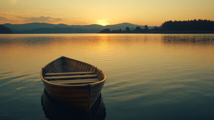 Fototapeta premium Calm sunset over a tranquil lake with a wooden boat in the foreground