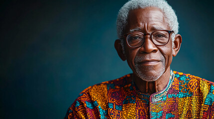 Portrait of a wise Ghanaian man in a vibrant traditional dashiki, ideal for cultural events, marketing campaigns, and celebrating wisdom during festivities.
