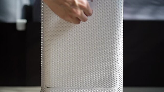 open air purifier filter cover for check dirty dust with people hand thumbs up to new clean and change replace for protect PM 2.5 and virus bacteria covid-19 with allergies in bedroom at home by slow