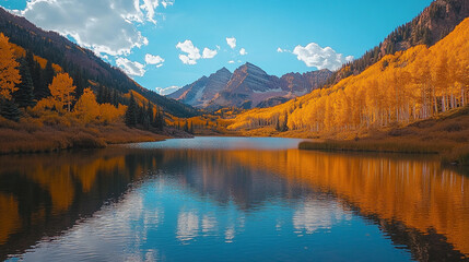 Majestic autumn landscape reflecting colorful trees and mountains under a clear blue sky