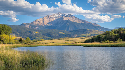 Scenic mountain view with a tranquil lake and lush greenery under a blue sky