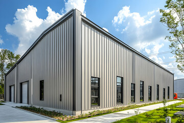 A modern industrial building with a sleek metal exterior and large windows.